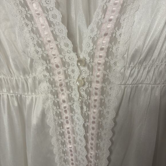 Vintage Dreamaway White Peignoir Movie Star Robe 2 Button Pink Lace Trim Nylon L - Picture 6 of 12